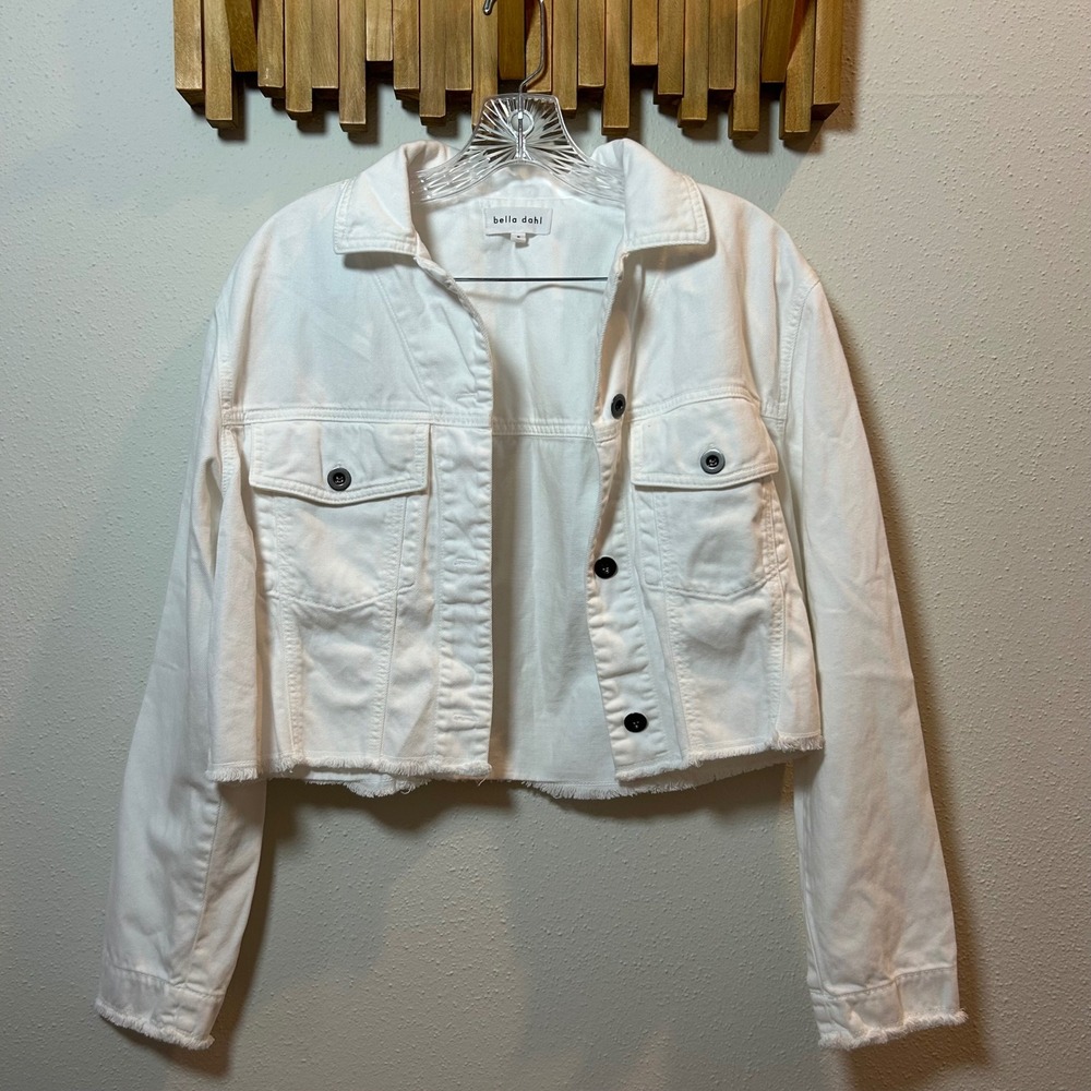 Bella Dahl White Denim Cropped‎ Jacket Frayed Hem Size Small